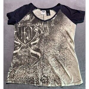 Harley Davidson Graphic Tee Shirt V Neck Short Sleeve Star Studs Women’s M